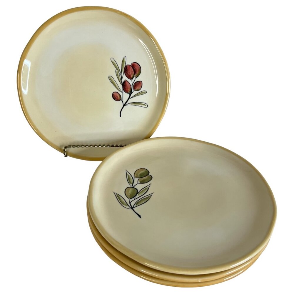 4 Pottery Barn Rustic Olive Salad Side Plates Complete Set Ceramic 8 Inch Cream